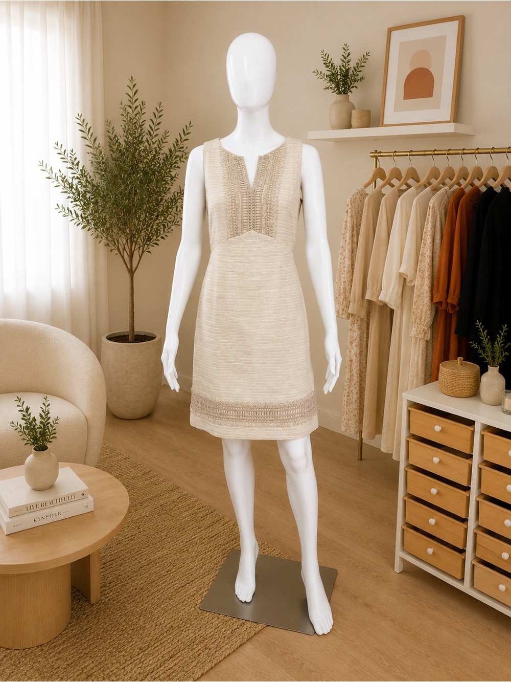 White House Black Market Cream Midi Dress with Taupe Trim